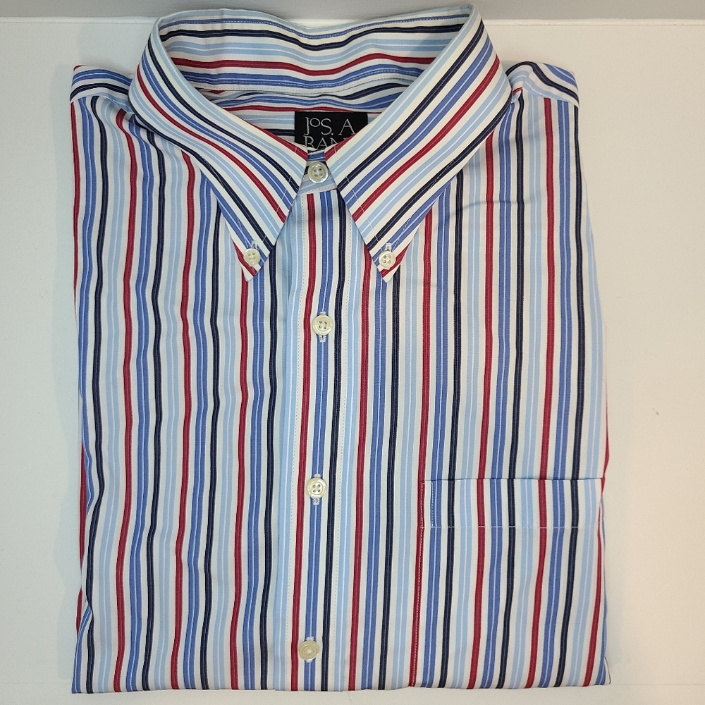 ๐ Jos A Bank Red White Blue Striped Cotton Shirt - Picture 2 of 4